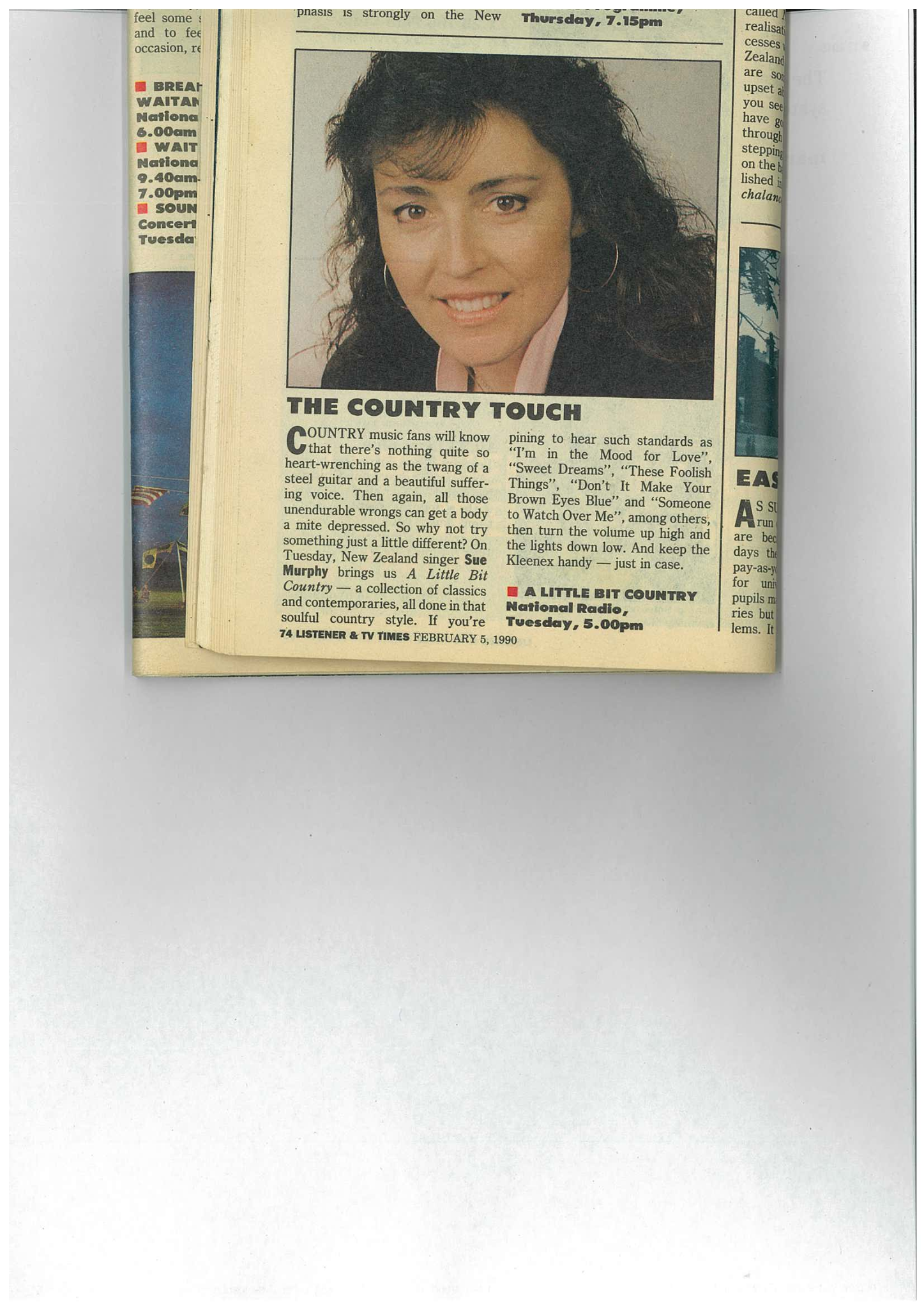1990 Listener and TV Times clipping featuring Sue Murphy